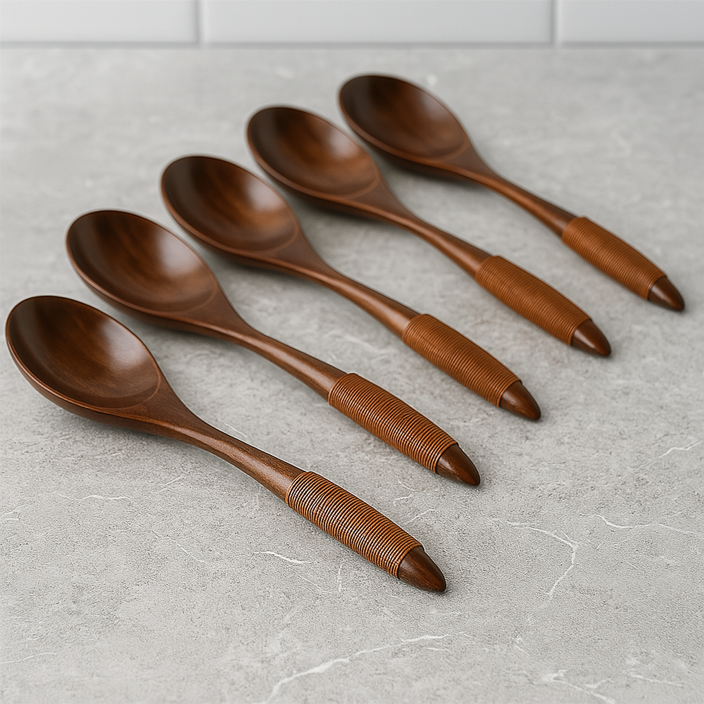 Brown Woven Handle Wooden Spoon Set (5pcs.)